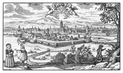Germany,  Aerial view of Frankfurt fortified city on river Main in XVII century