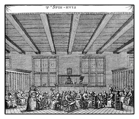  Factory in Amsterdam, XVII century, women spinning in the hall