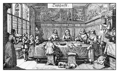 Blessing the food, vintage engraving XVII century