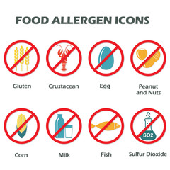 Allergen free products symbols. Food allergen icons set isolated on white background. Colorful vector illustration.