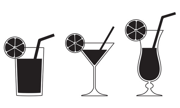 Cocktail glasses isolated on white background. Drinks icons set. Vector illustration of alcoholic beverage.