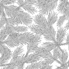 Vector fir branches seamless pattern. Black and white background with outline hand drawn fir. Design for fabric, textile print, wrapping paper. Winter holidays texture.