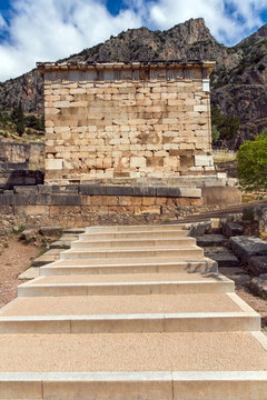 Building of Treasury of Athens in Ancient Greek archaeological site of Delphi,Central Greece