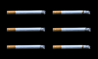 collection cigarette with ashes isolated on black background