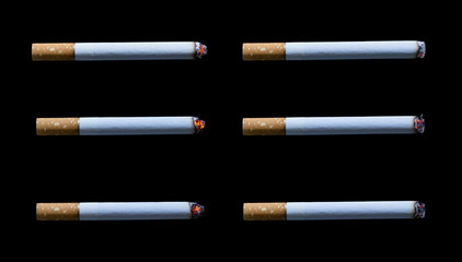 collection cigarette with ashes isolated on black background