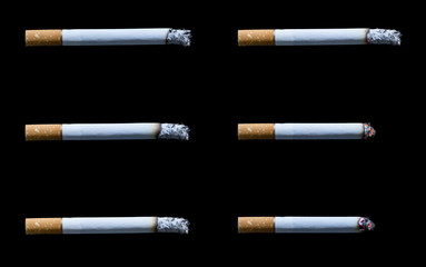 collection cigarette with ashes isolated on black background