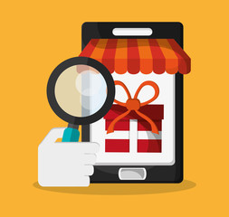 Smartphone gift and lupe icon. Social media and digital marketing theme. Colorful design. Vector illustration