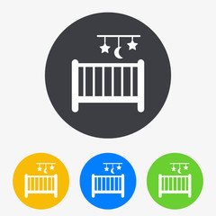 Icono plano cuna con juguete movil en circulo varios colores