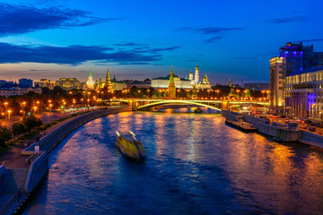 Night view of Moscow Kremlin and Moscow River in Moscow, Russia