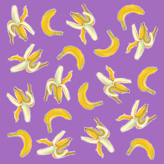 Author's pastel illustration with banana for poster, flyer, season caffe, web banners, labels for food, drink and cosmetics, seamless pattern.