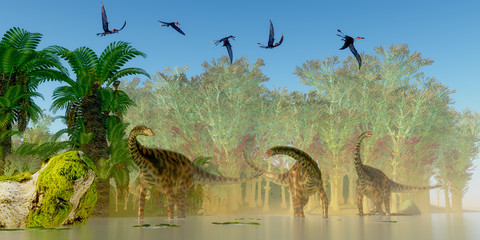 Spinophorosaurus Dinosaurs Swamp - A flock of Dorygnathus reptiles fly over a herd of Spinophorosaurus sauropod dinosaurs in a Jurassic swamp. © Catmando