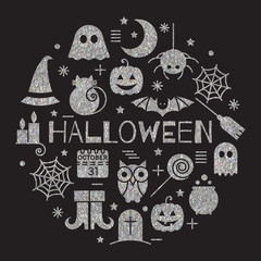 Halloween silver icons set in circle shape