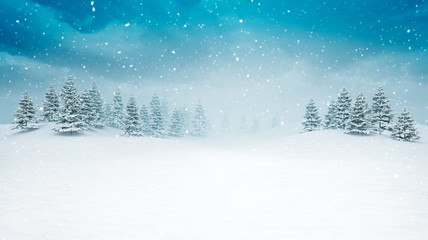 snow covered open winter landscape at snowfall - obrazy, fototapety, plakaty