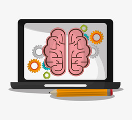 Laptop brain and pencil icon. Social media and digital marketing theme. Colorful design. Vector illustration