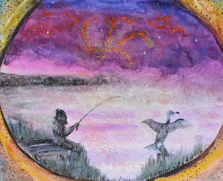 Fishing in the fog before the dawn. A hand drawn image (watercolors) of a fisherman and a black cormorant in the fog. The night is darkest just before the dawn