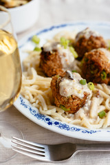 Spätzle (traditional German noodle) with vegan TVP (textured vegetable protein) balls