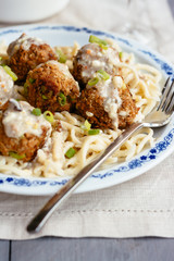 Spätzle (traditional German noodle) with vegan TVP (textured vegetable protein) balls