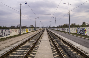 Fototapeta na wymiar Tram Rails on the Outskirts of the City