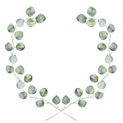 Watercolor floral border with baby and silver dollar eucalyptus leaves. Hand painted floral wreath with branches, leaves of eucalyptus isolated on white background. For design or background