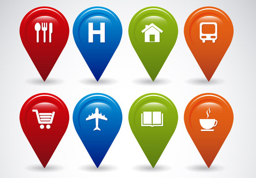 8 Multicolored GPS and Map Location Marker Icons with Pictograms Inset