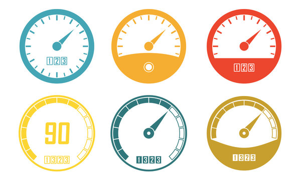 Speedometer or gauge icons set isolated on white background. Infographic and car instrument design elements. Colorful vector illustration. 