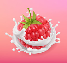 Raspberry and milk splash. Fruit and yogurt. Realistic illustration. 3d vector icon