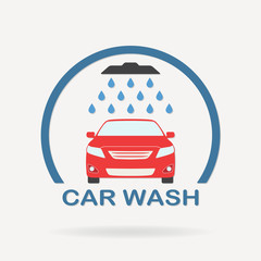Car wash icon or label with auto shower and water drops. Colorful vector illustration of washing vehicle symbol in flat design.