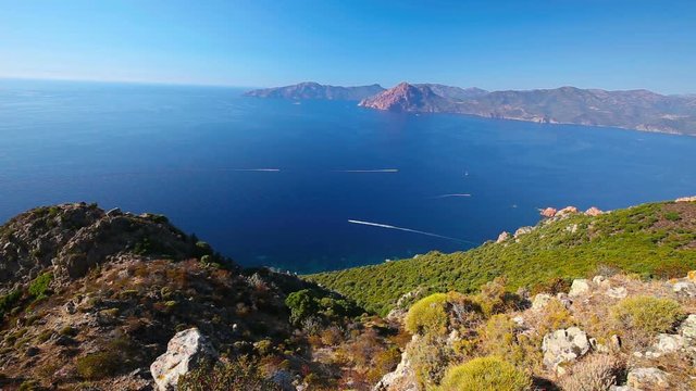 Stunning scenery of D81 road through the Calanques de Piana on the west coast of Corsica, France, Europe.