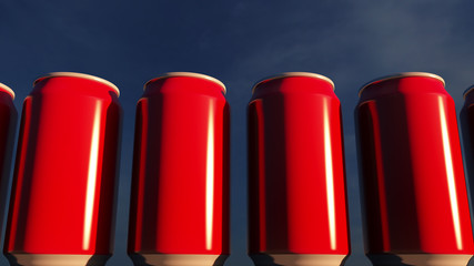 Generic red cans against sky at sunset. Soft drinks or beer for party. Beach bar. 3D rendering