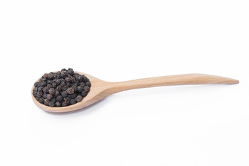 Black pepper in spoon wooden bowl isolated on white background