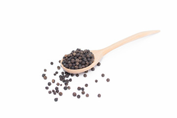 Black pepper in spoon wooden bowl isolated on white background