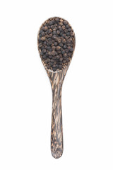 Black pepper in spoon wooden bowl isolated on white background