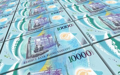 Vanuatu vatu bills stacked background. 3D illustration.