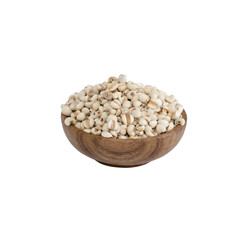 Millet rice , millet grains in bowl wood isolated on white