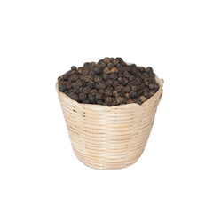 Black pepper in .Bamboo Basket isolated on white background