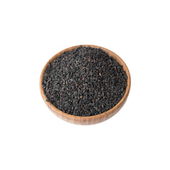 black sesame in wooden bowl on white background