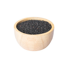 black sesame in wooden bowl on white background