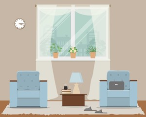 Living room in beige color. There is a two blue armchairs, a window, a table, lamp, slippers and other objects in the picture. Vector flat illustration