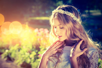 Romantic Bride on Warm Nature Background
