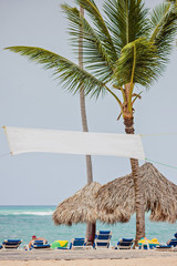 Empty tag ready for your text or sign. Sea view, palm trees, sun umbrellas, loungers and beach background.