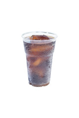 cola drink in plastic glass with ice isolated on white