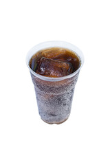 cola drink in plastic glass with ice isolated on white