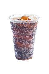cola drink in plastic glass with ice isolated on white