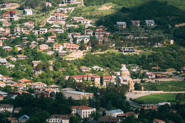 Naklejka premium Mtskheta, Georgia Top View Svetitskhoveli Cathedral Surrounded