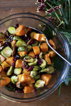 Roasted Brussels sprouts, sweet potatoes, pecans and cranberries