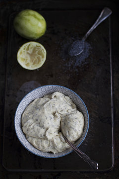 Work in progress for lime poppy seed cake: batter ready for baki