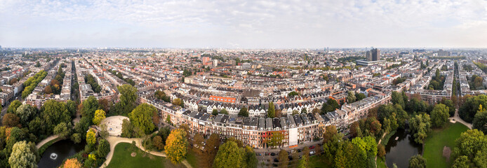 Aerial view of Amsterdam city roofs beside Sarphati park