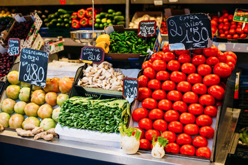Tomatoes, Pea Pods And Other Agricultural Products Of Local Farmers In The Grocery Market.