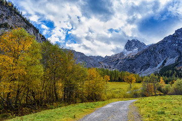 Way through autumn mountain landscape in the Alps, Austria, Tyrol.