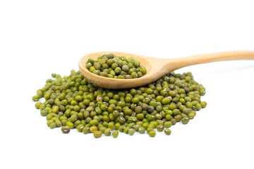 mung beans over wooden spoon isolated on white
